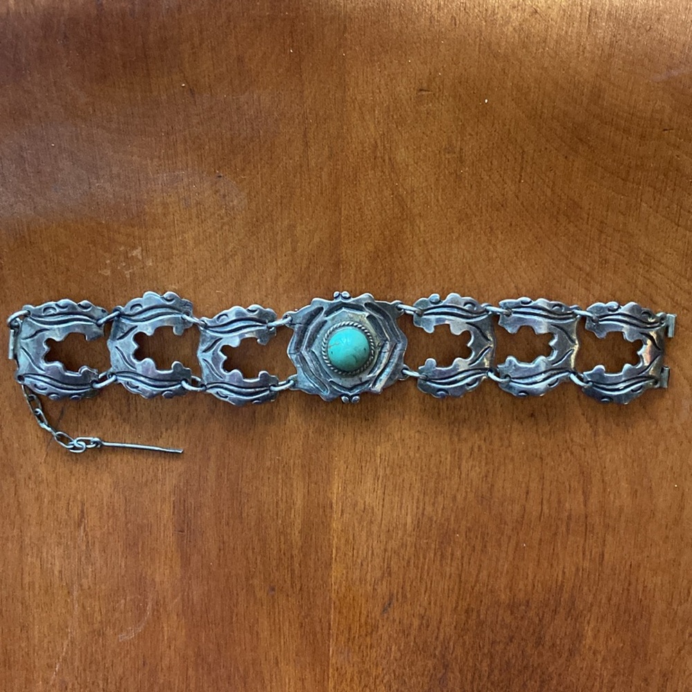 Vintage Taxco 980 Sterling Silver Bracelet with Turquoise Cabochon - Picture 10 of 11